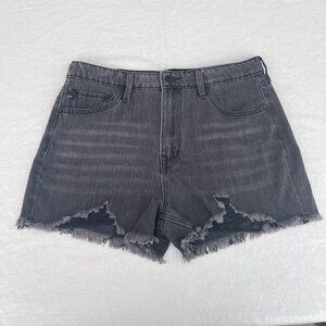 KanCan Womens Frayed Hem Black Denim Shorts Faded Shark Bite Size 11/29